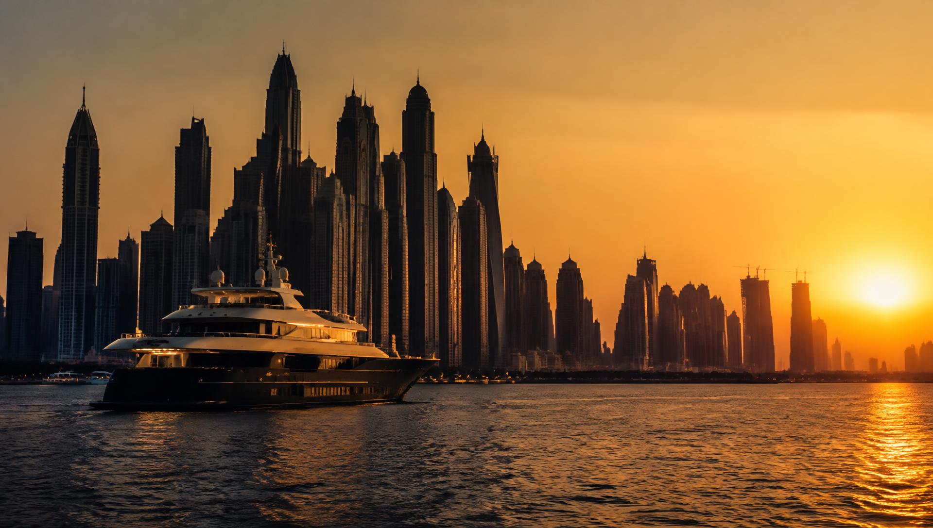 Dubai skyline and superyacht at golden hour